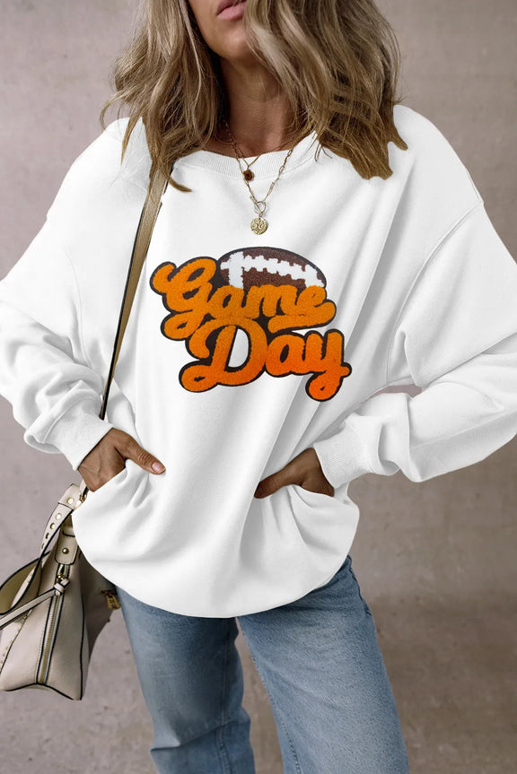 GAME DAY Football Round Neck Long Sleeve Sweatshirt White