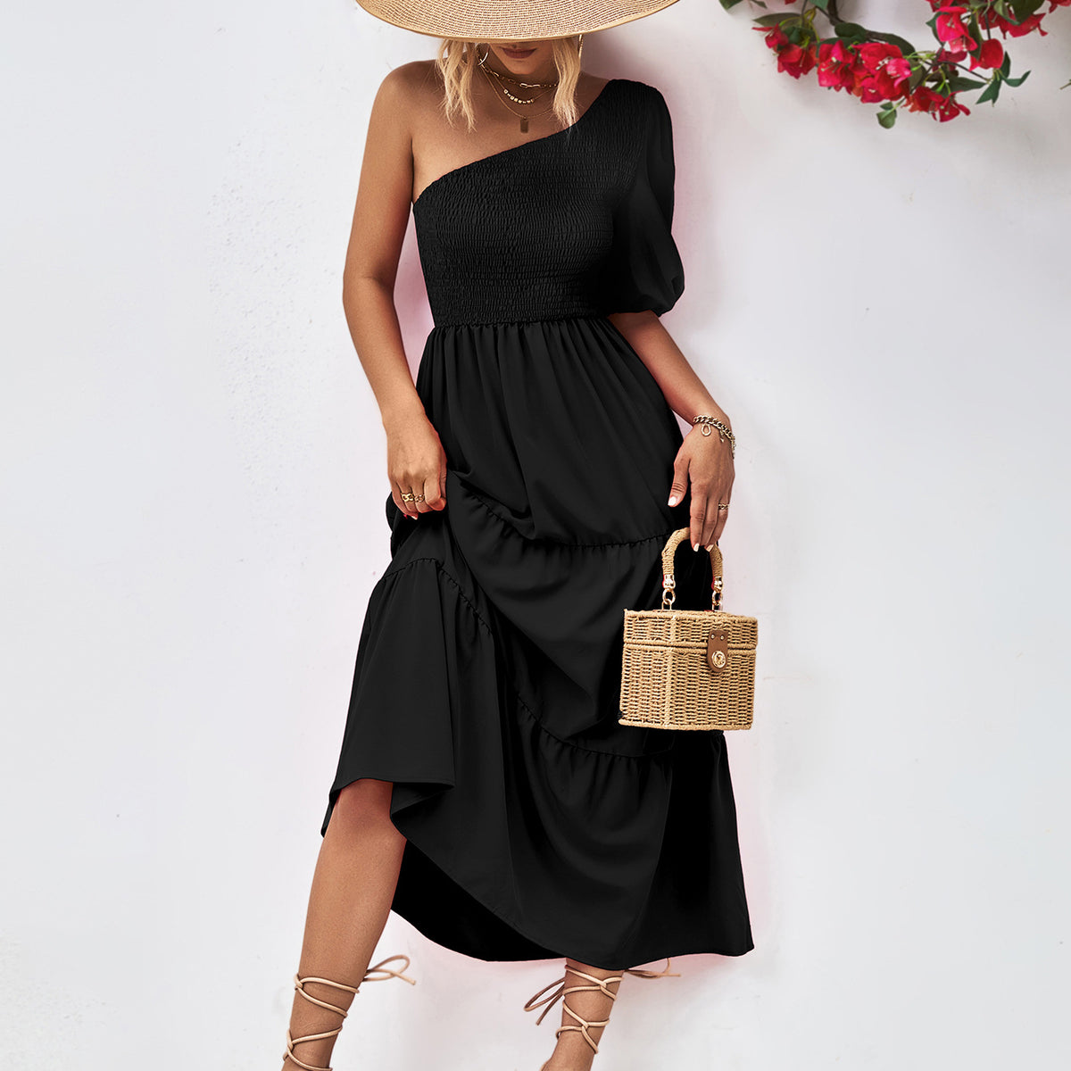 Smocked One-Shoulder Midi Dress