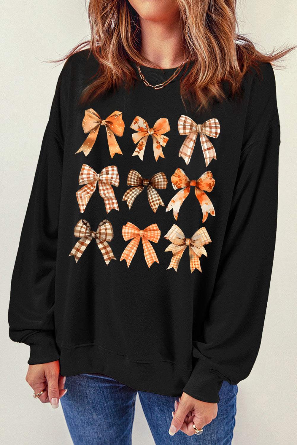 Bow Graphic Round Neck Long Sleeve Sweatshirt Black