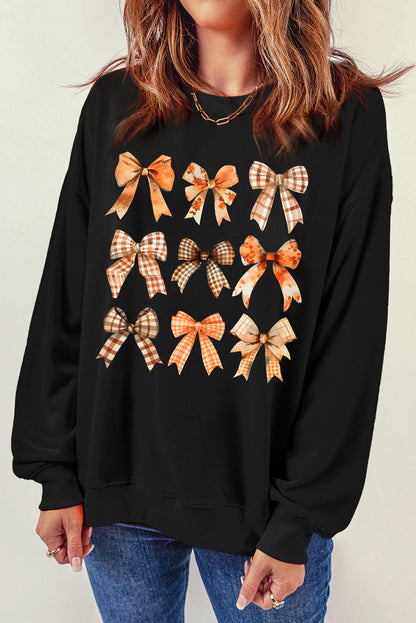 Bow Graphic Round Neck Long Sleeve Sweatshirt Black