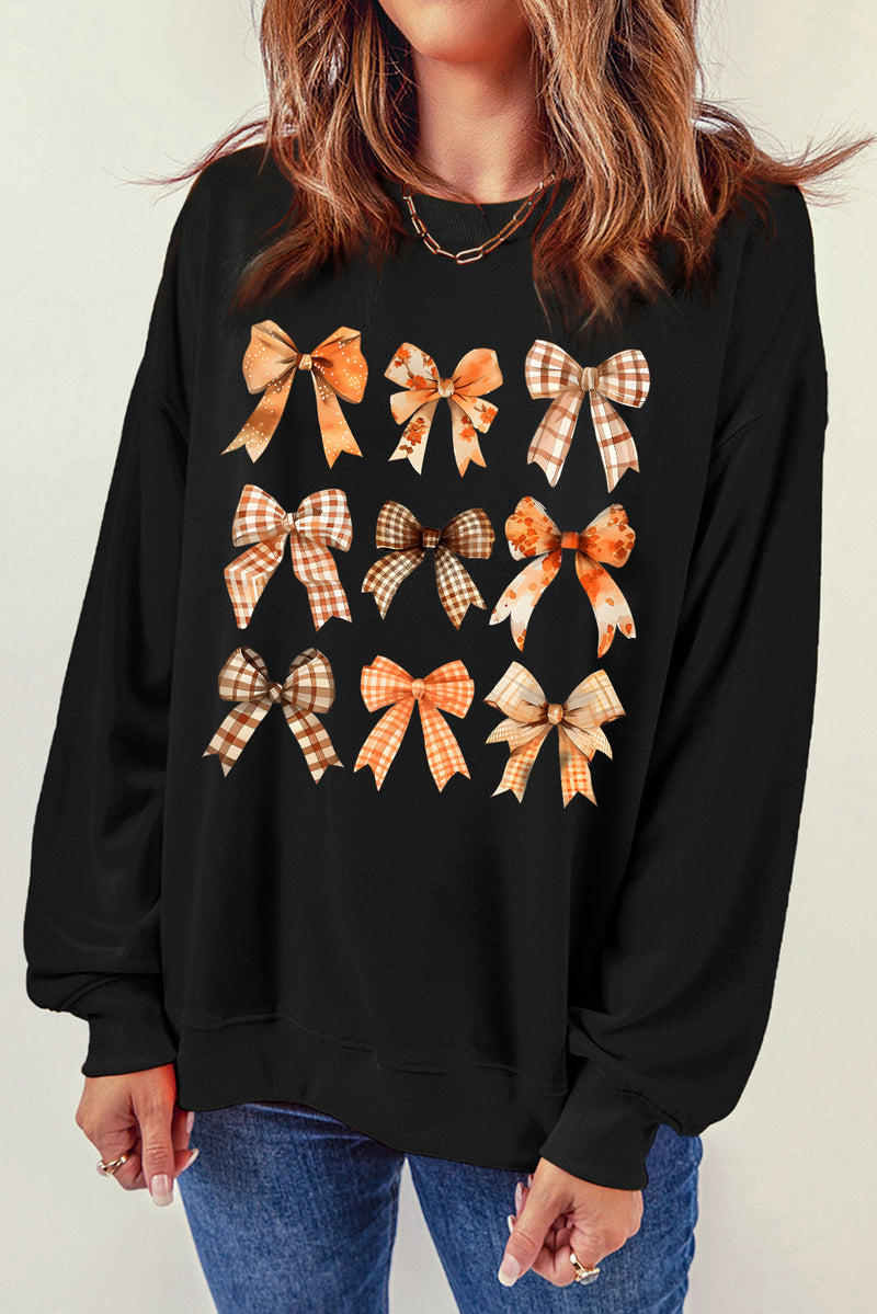 Bow Graphic Round Neck Long Sleeve Sweatshirt Black