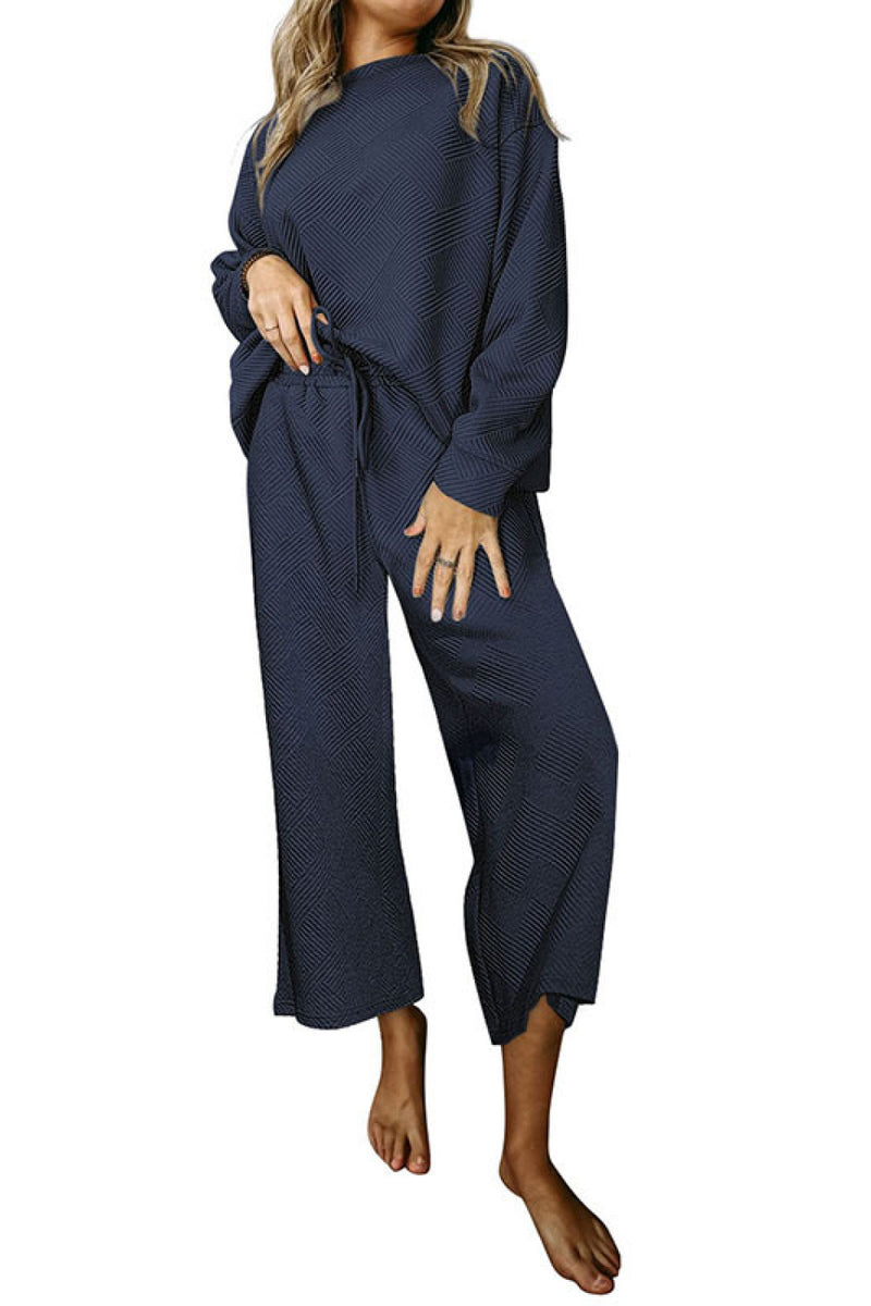 Dropped Shoulder Top and Pants Set Dark Blue
