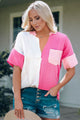 Color Block Textured Johnny Collar Blouse Hot Pink
