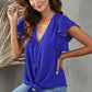 V-Neck Tie Hem Flutter Sleeve Blouse