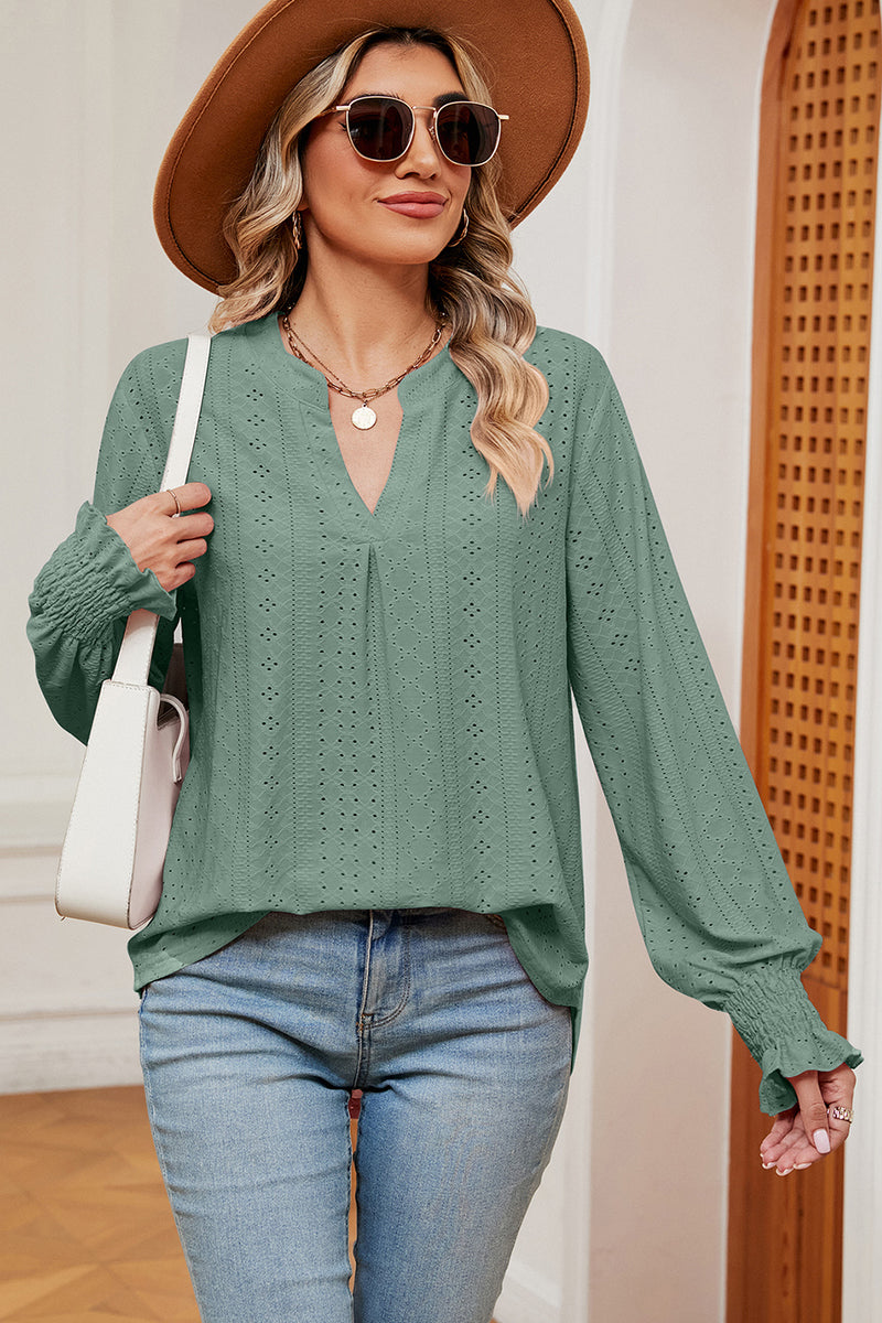 Eyelet Notched Long Sleeve T-Shirt Dark Green