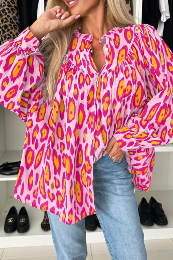 Leopard Print Button Down Long Sleeve Shirt Hot Pink
