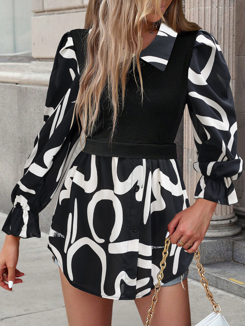 Devine Collared Neck Black And White Color-Contrast Print Long Sleeve Shirt