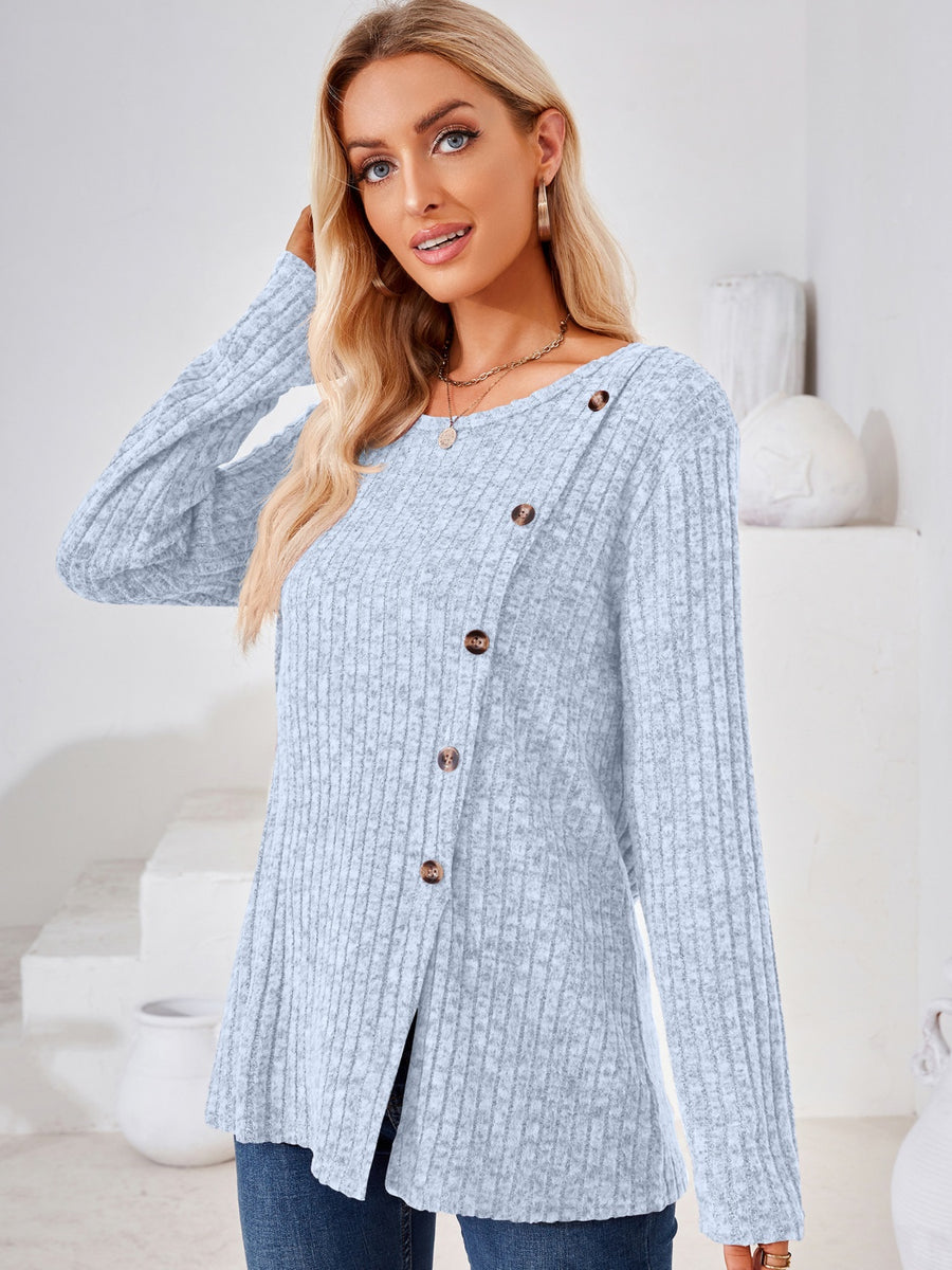 Ribbed Buttoned Round Neck Slit T-Shirt Light Blue