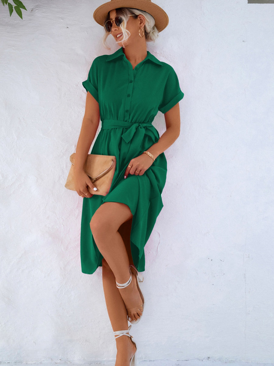Buttoned Tie Waist Short Sleeve Dress Green