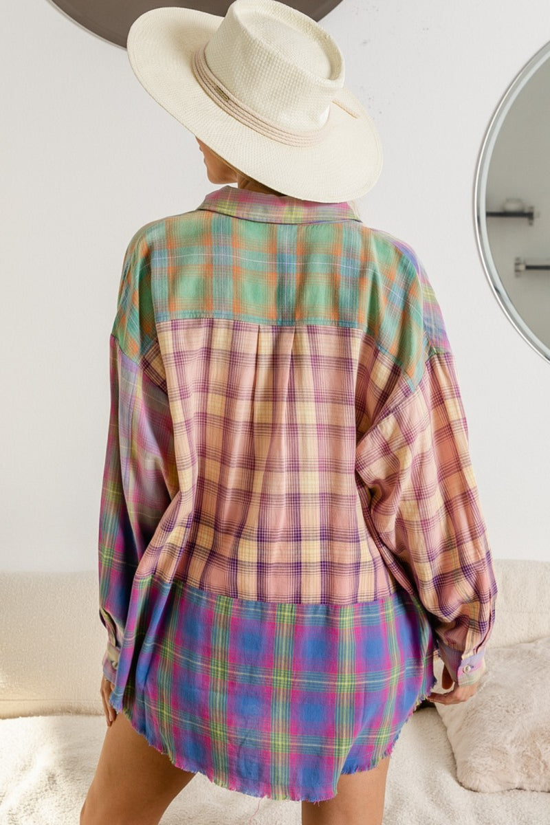 BiBi Plaid Color Block Button Up Shirt