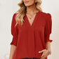 Smocked Flounce Sleeve Notched Neck Blouse