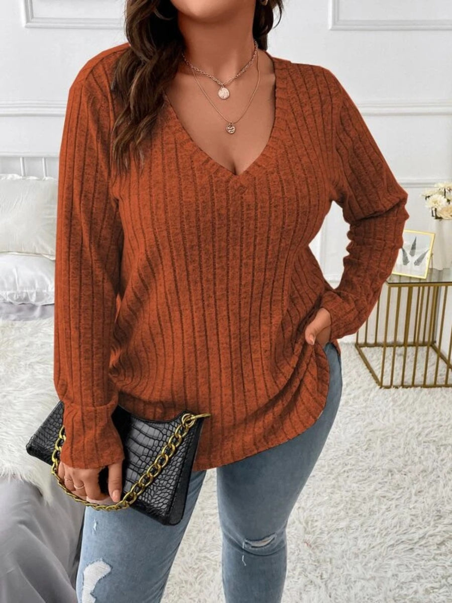Plus Size V-Neck Long Sleeve T-Shirt Caramel