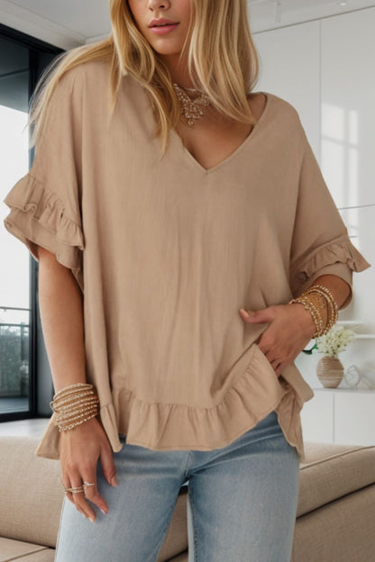 Ruffled V-Neck Half Sleeve Blouse