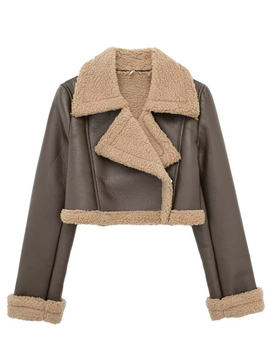 Collared Neck Long Sleeve Plush Cropped Jacket Coffee Brown