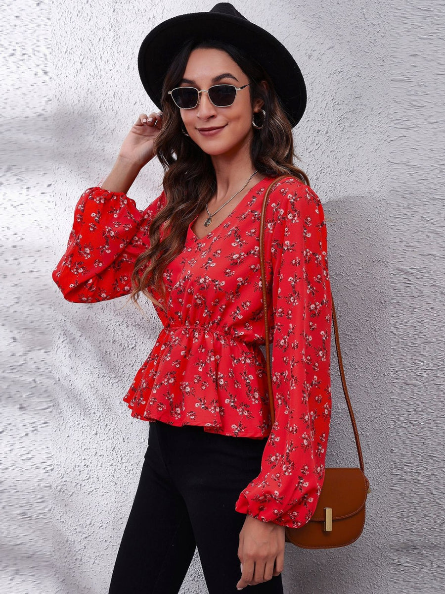 Ruched Printed V-Neck Long Sleeve Blouse Scarlet