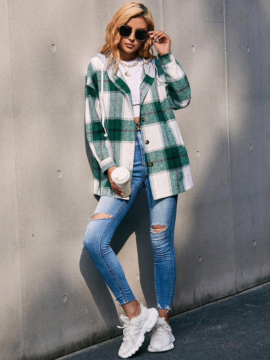 Ivy Lane Plaid Dropped Shoulder Hooded Jacket Dark Green