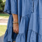 Notched Flare Sleeve Denim Dress