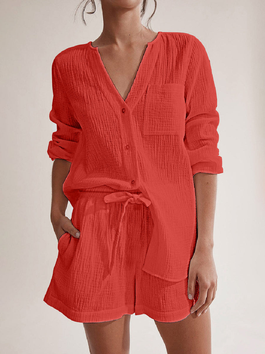 Notched Long Sleeve Top and Shorts Set Orange-Red