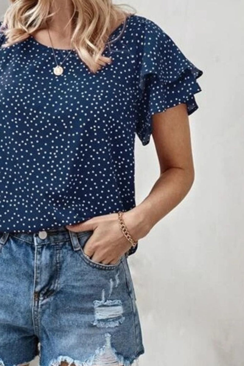 Ruffled Polka Dot Round Neck Short Sleeve Blouse