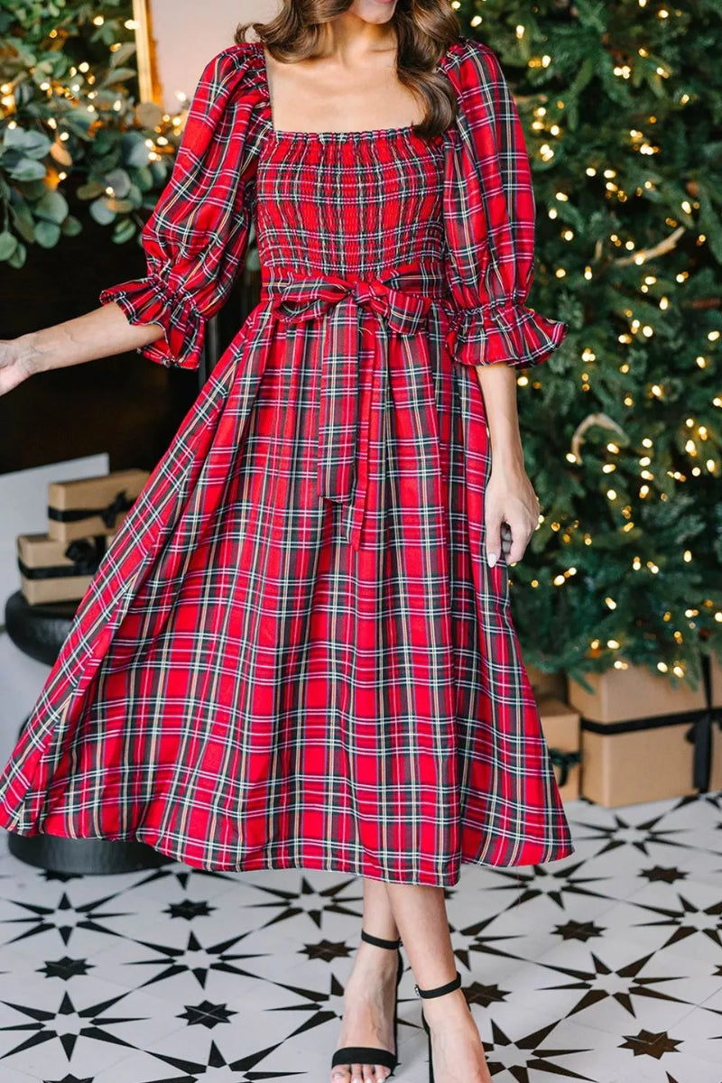 Plaid Smocked Flounce Sleeve Midi Dress