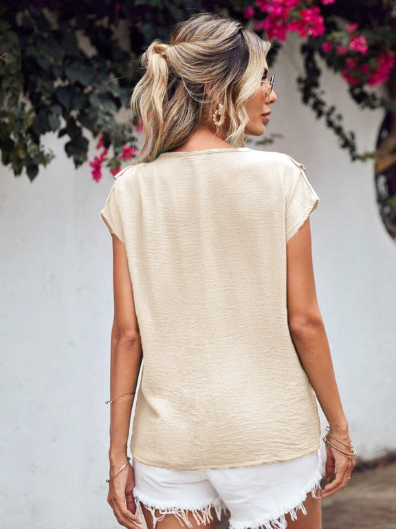 Ruffled V-Neck Short Sleeve Blouse Beige