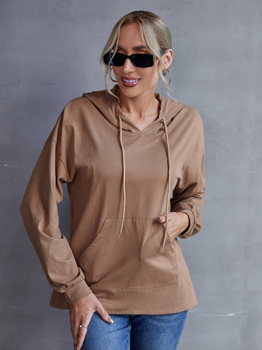 Ivy Lane Drawstring Pocketed Dropped Shoulder Hoodie Mocha