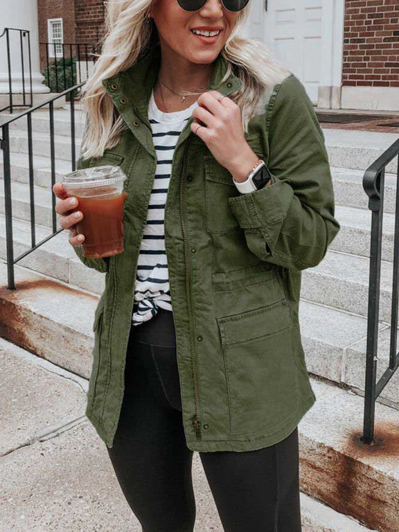 Pocketed Long Sleeve Zip Up Jacket Army Green