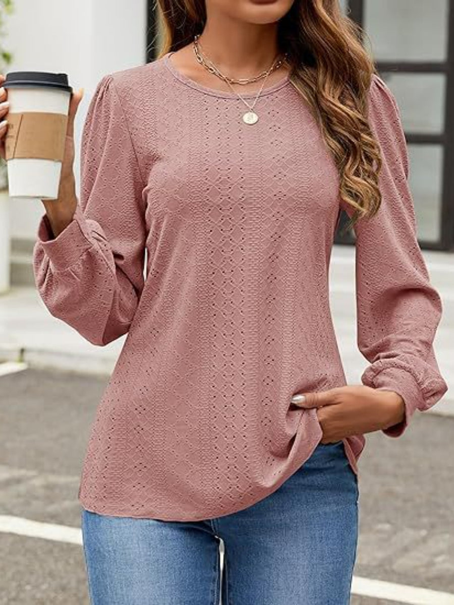 Eyelet Round Neck Long Sleeve Top Dusty Pink