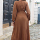 Pleated Long Sleeve Surplice Maxi Dress