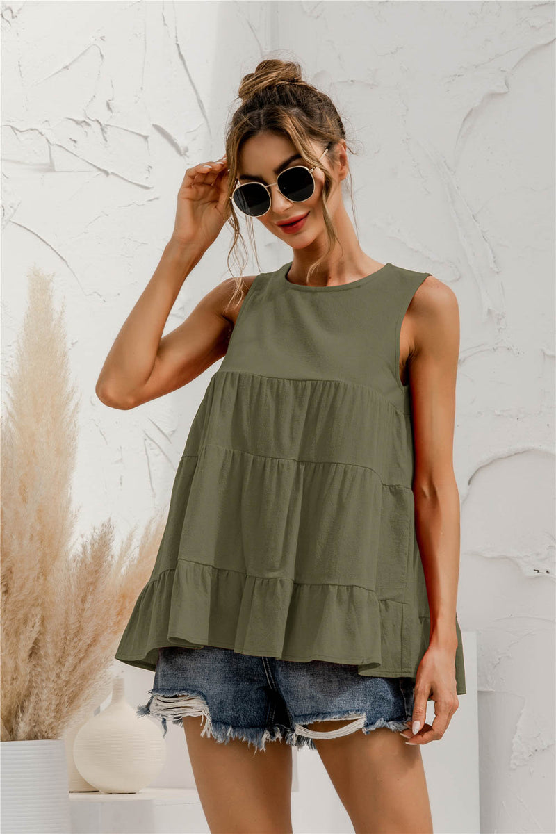 Round Neck Tiered Tank Army Green
