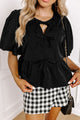 Cutout Round Neck Puff Sleeve Blouse Black