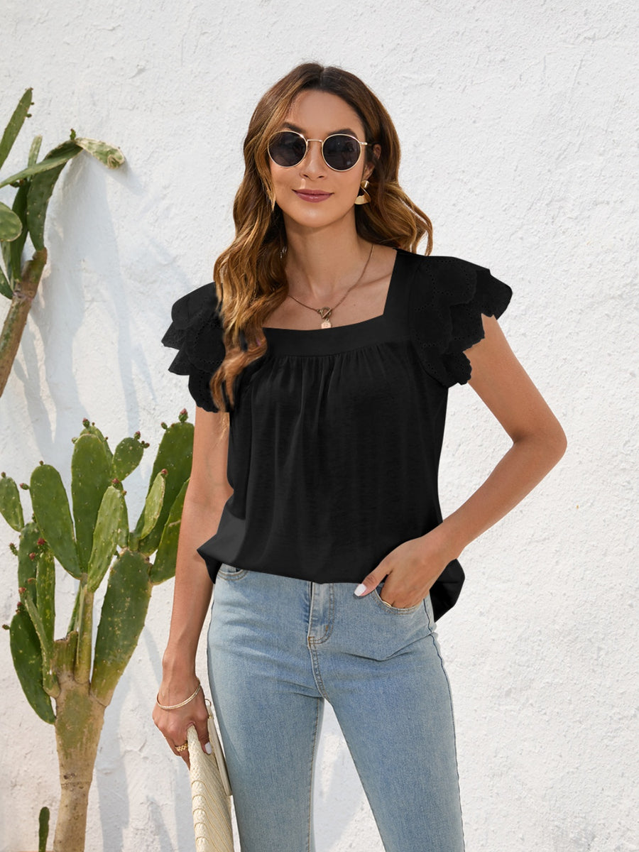 Ruffled Square Neck Cap Sleeve Blouse Black