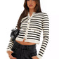 Striped Round Neck Button Up Long Sleeve Cardigan