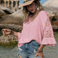 V-Neck Lace Flounce Sleeve Blouse