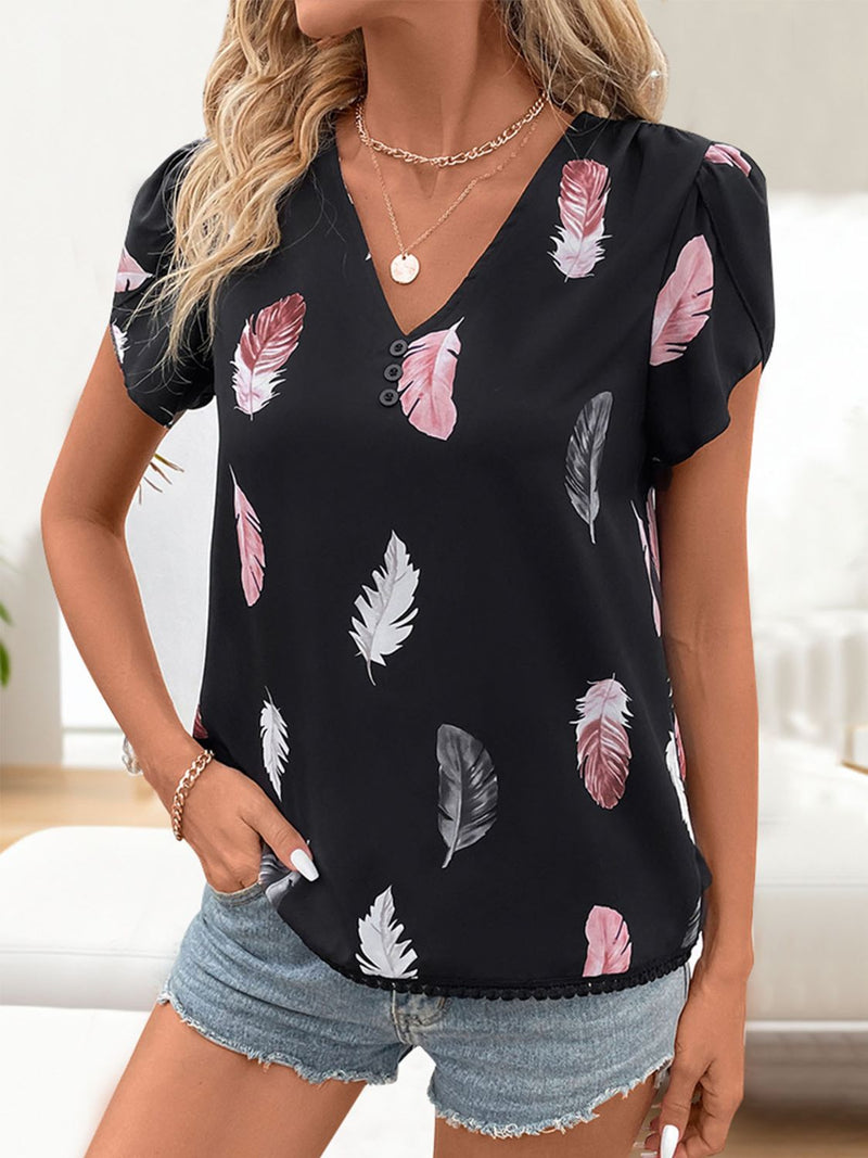 Perfee Printed V-Neck Short Sleeve Blouse