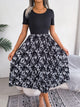 Printed Round Neck Pleated Dress Black