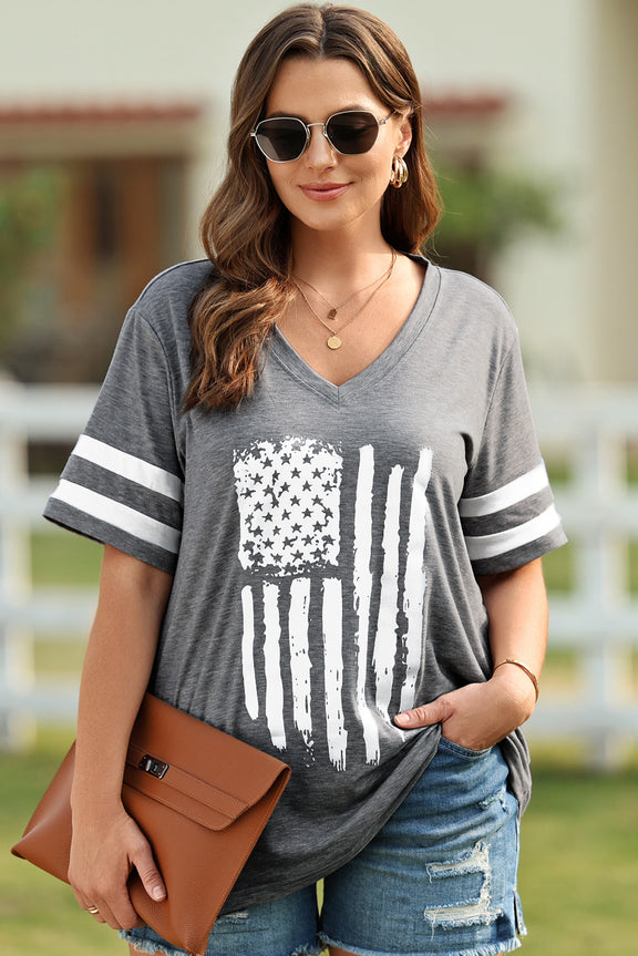 Plus Size US Flag Graphic V-Neck Tee Dark Gray
