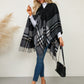 Fringe Contrast Plaid Poncho