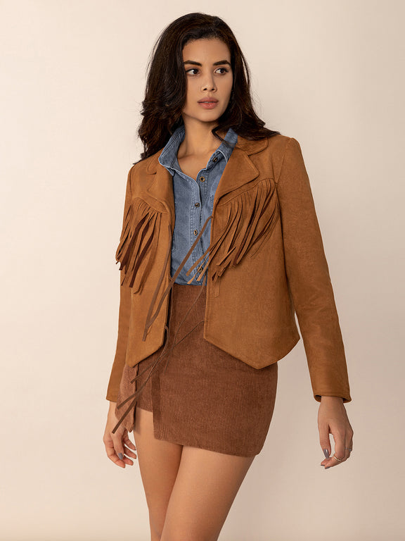 Tied Tassel Collared Neck Long Sleeve Jacket Caramel