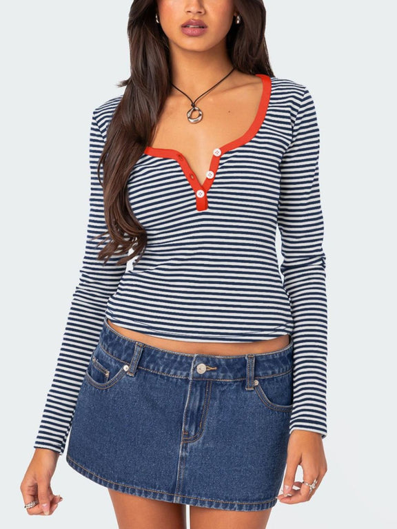 Buttoned Striped Long Sleeve T-Shirt Orange-Red