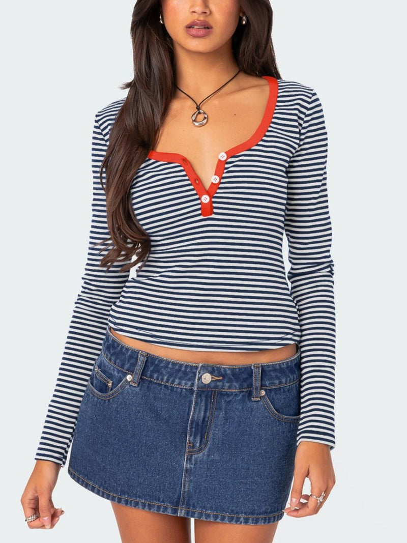 Buttoned Striped Long Sleeve T-Shirt Orange-Red