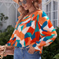 Abstract Pattern Crewneck Ruffled Puff Sleeve Blouse