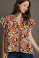 Umgee Full Size Floral Printed Smocked Top Plus Size BLACK MIX