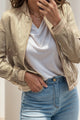 Baseball Collar Zip Up Long Sleeve Jacket Tan