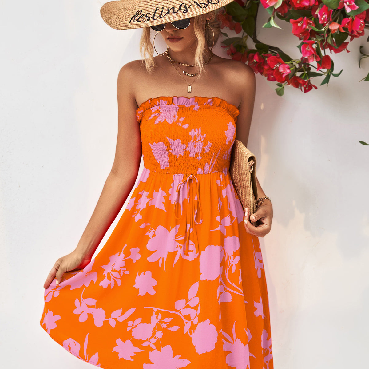 Floral Frill Trim Strapless Smocked Dress