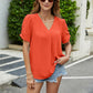 Ruched Short Sleeve V-Neck Blouse