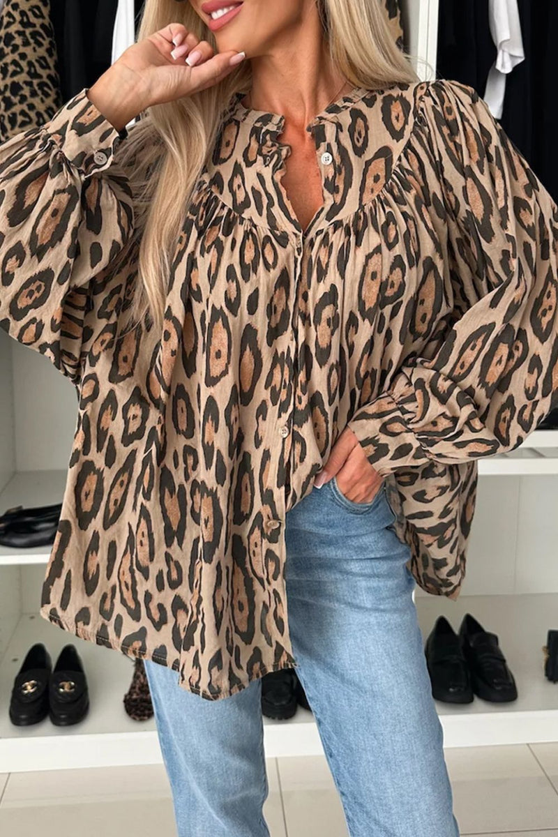 Leopard Print Button Down Long Sleeve Shirt Caramel