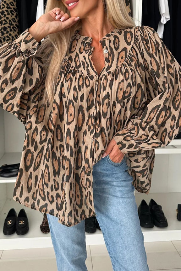 Leopard Print Button Down Long Sleeve Shirt Caramel