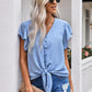 V-Neck Tie Hem Flutter Sleeve Blouse