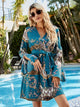 Printed Tie Belt Slit Flare Sleeve Dress Deep Teal